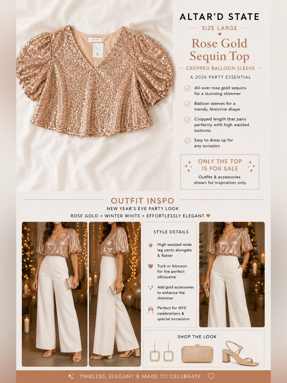 Peach Love California Rose Gold Sequin Puff Sleeve Crop Top